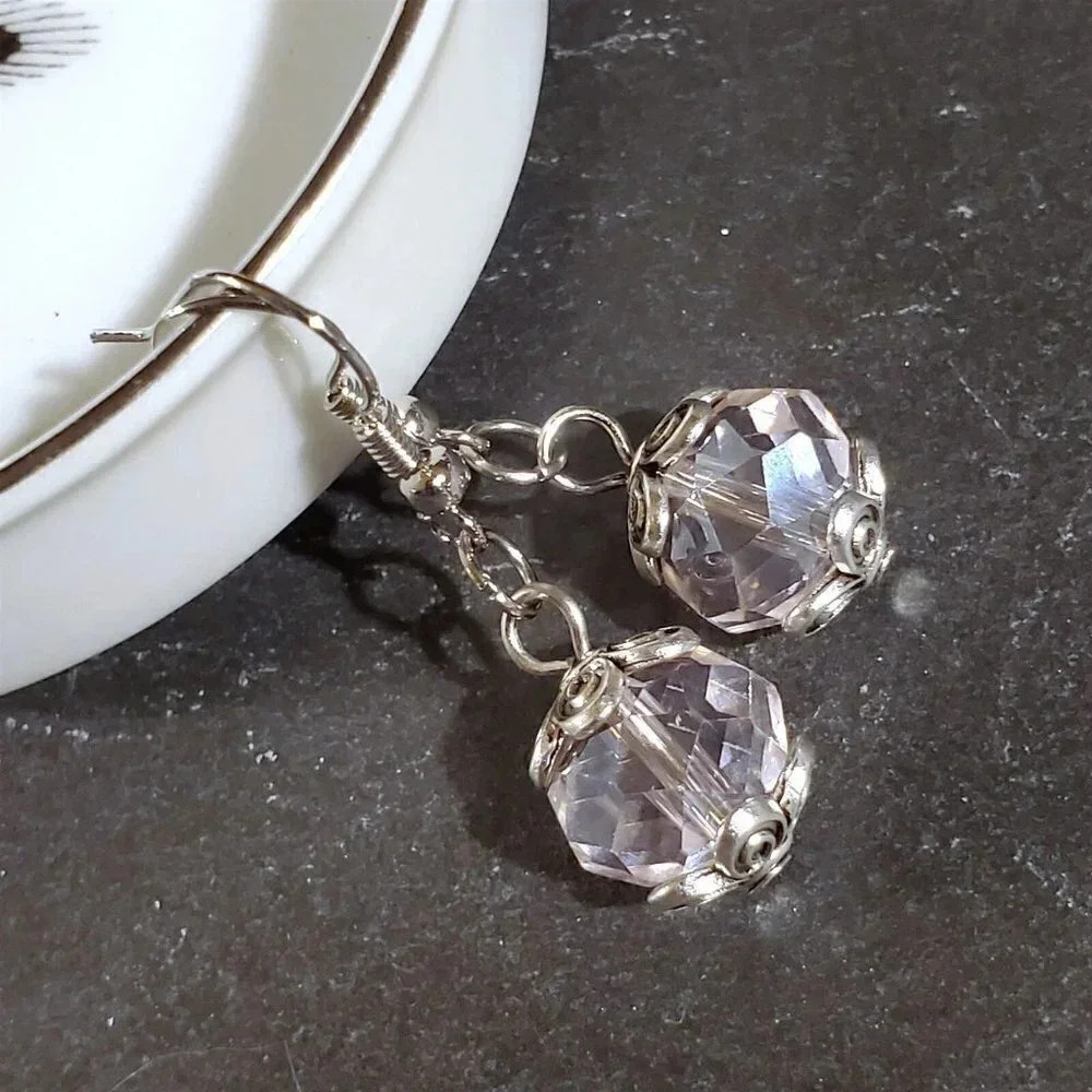 Vintage Light Pink Crystal Beads Antique Silver Carved Accents Earrings